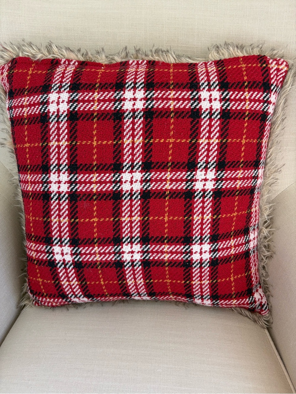 Pottery Barn Red Nottingham Plaid Faux Fur Back Pillow & Cover 20" Christmas